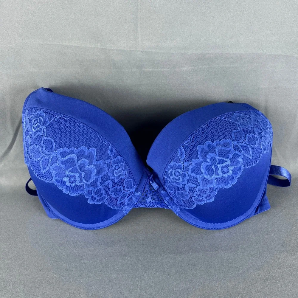 Maidenform Push Up Bra Womens 38DD Blue Floral Lace Adjustable Straps Underwired